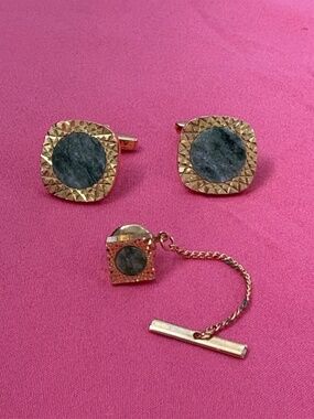 Vintage 1950s–60s Green Stone Cufflinks & Matching Tie Tack Set